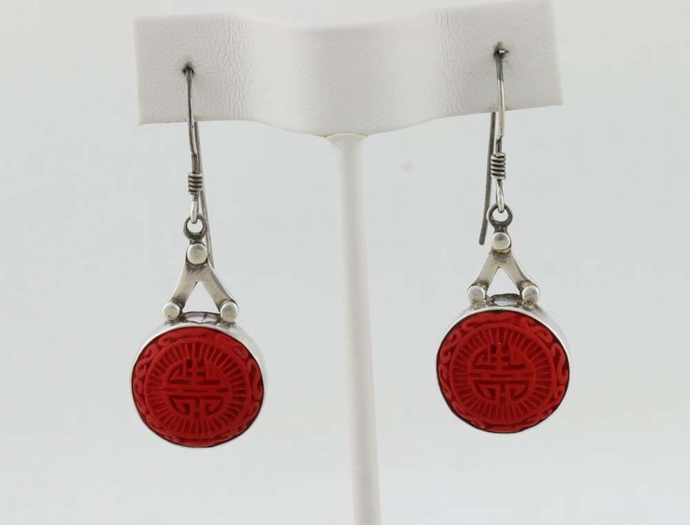 Sterling Silver Sajen Cinnabar Chinese Long Life Earrings Dangle 2 " x 5/8" in - Picture 2 of 8
